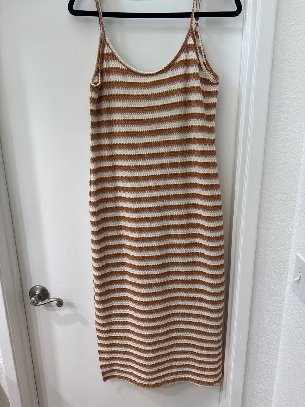 Rip Curl Striped Knit Midi Slip Dress in Cream and Brown